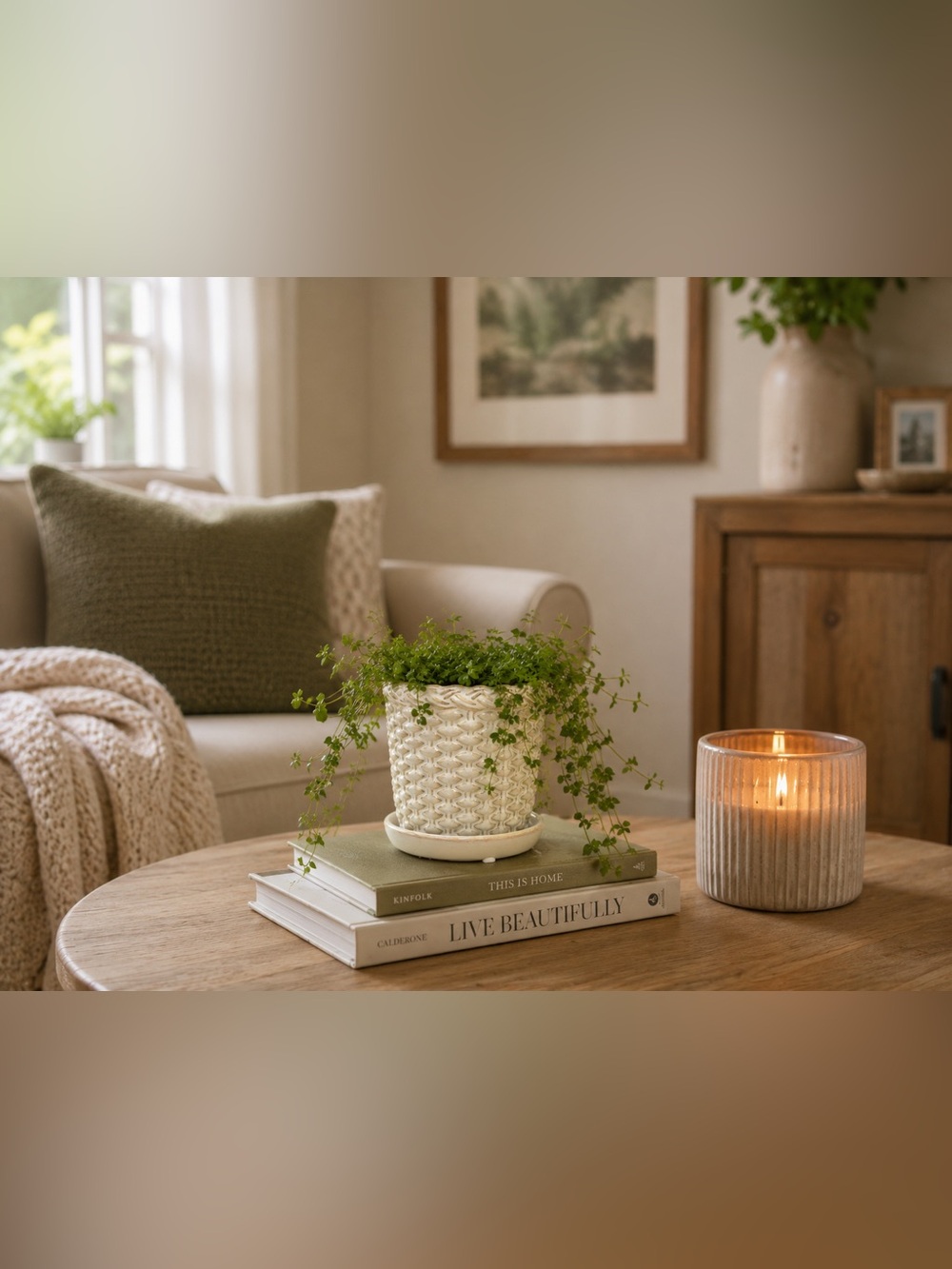 Ceramic Woven Basket Planter with Attached Saucer & Drainage Hole